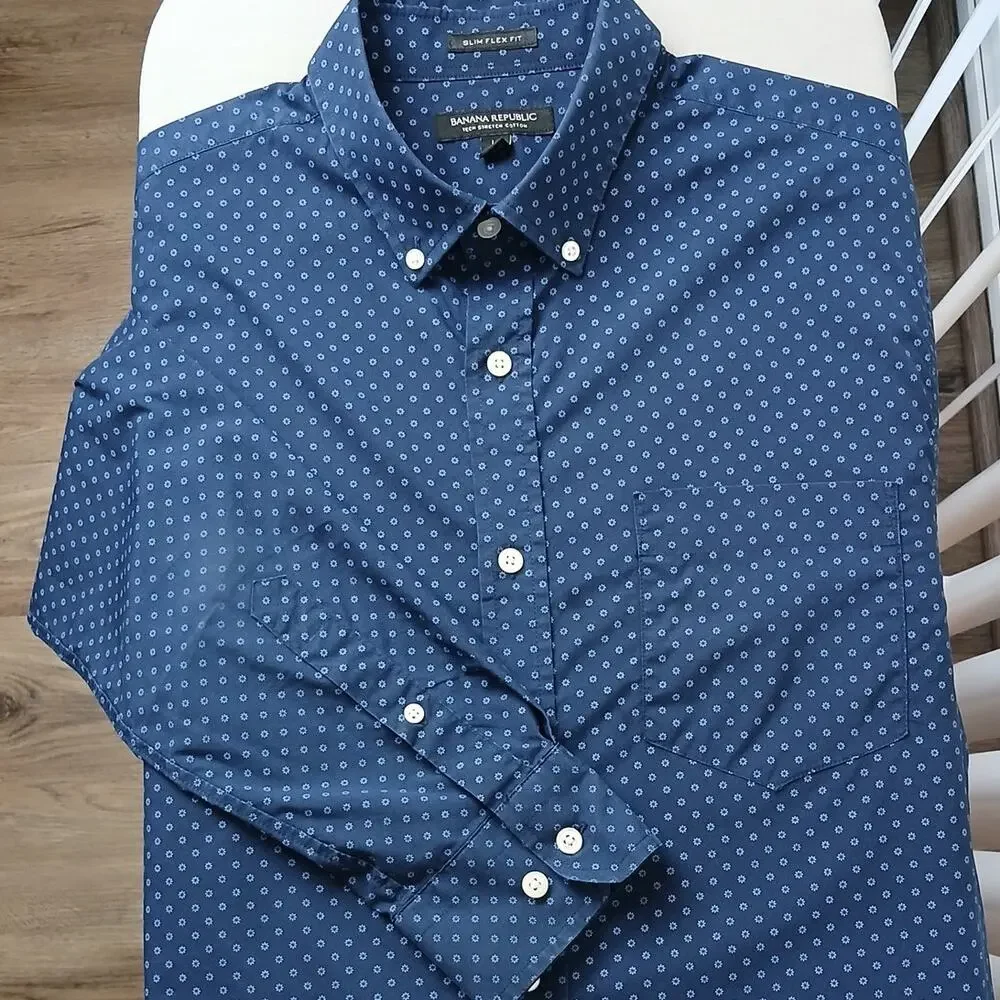 Banana Republic Slim Flex Fit Tech Stretch Cotton Shirt Mens L navy blue floral